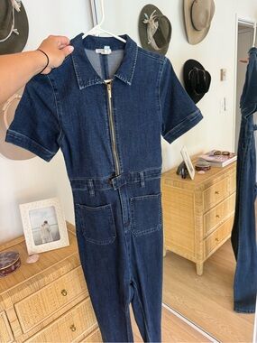 WeWoreWhat Dark Blue Denim Jumpsuit with Front Zip